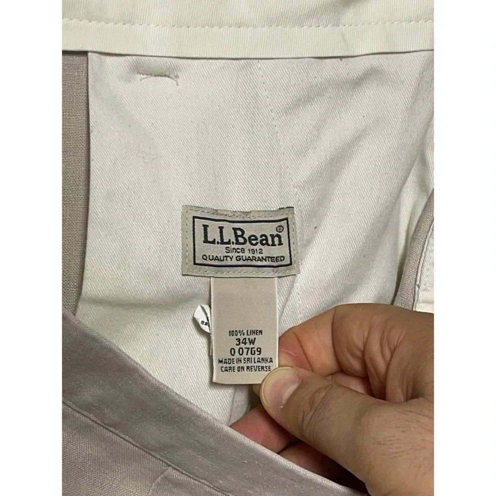 LL Bean Pants Men 34X32 Beige Cuff Straight Linen Baggy Coastal Academia Resort